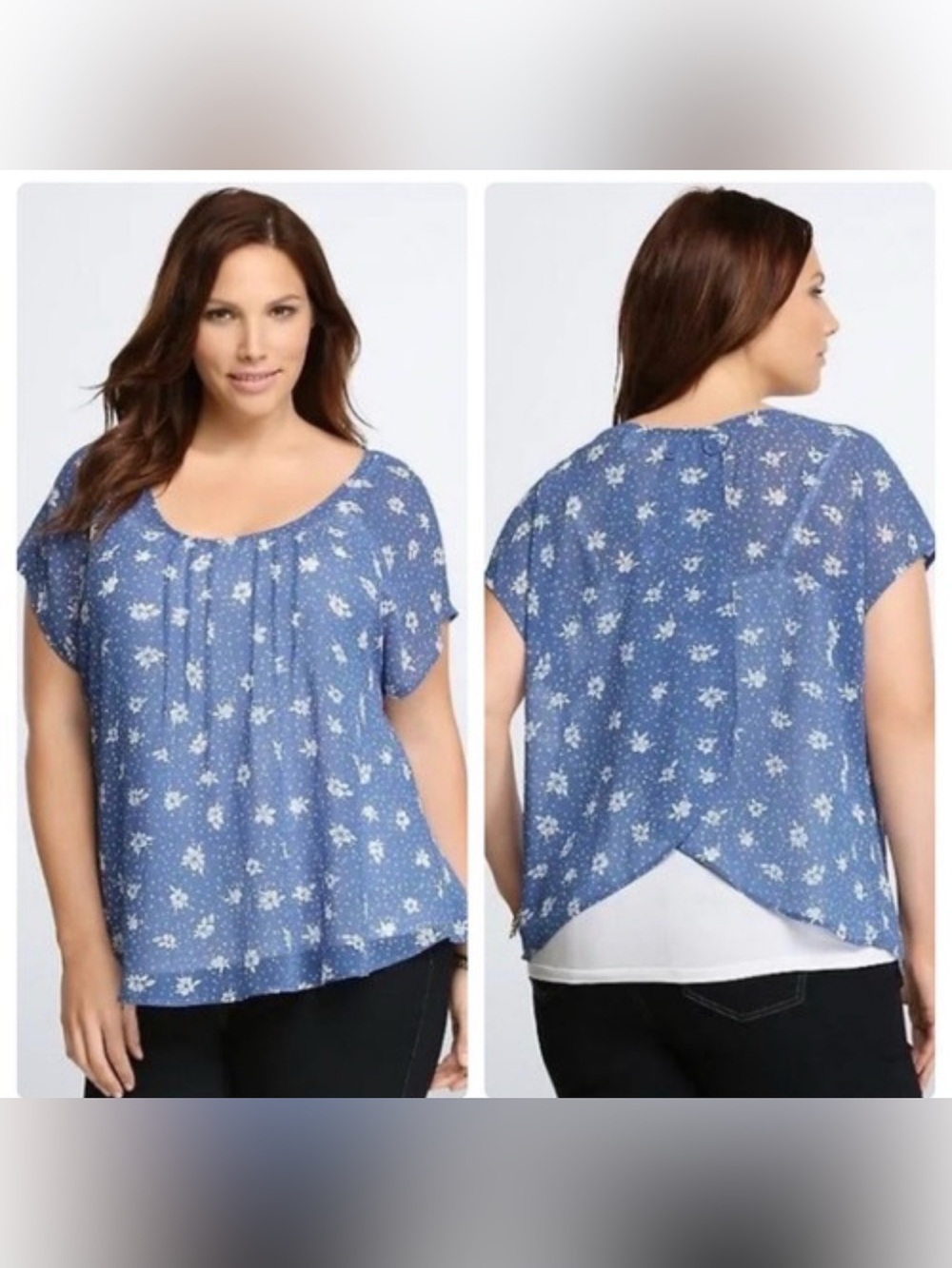 Plus Size 4x(26) blue and white floral sheer short-sleeve swing-back blouse